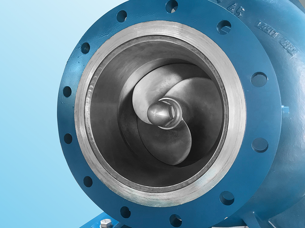 single-stage pump impeller in blue casing